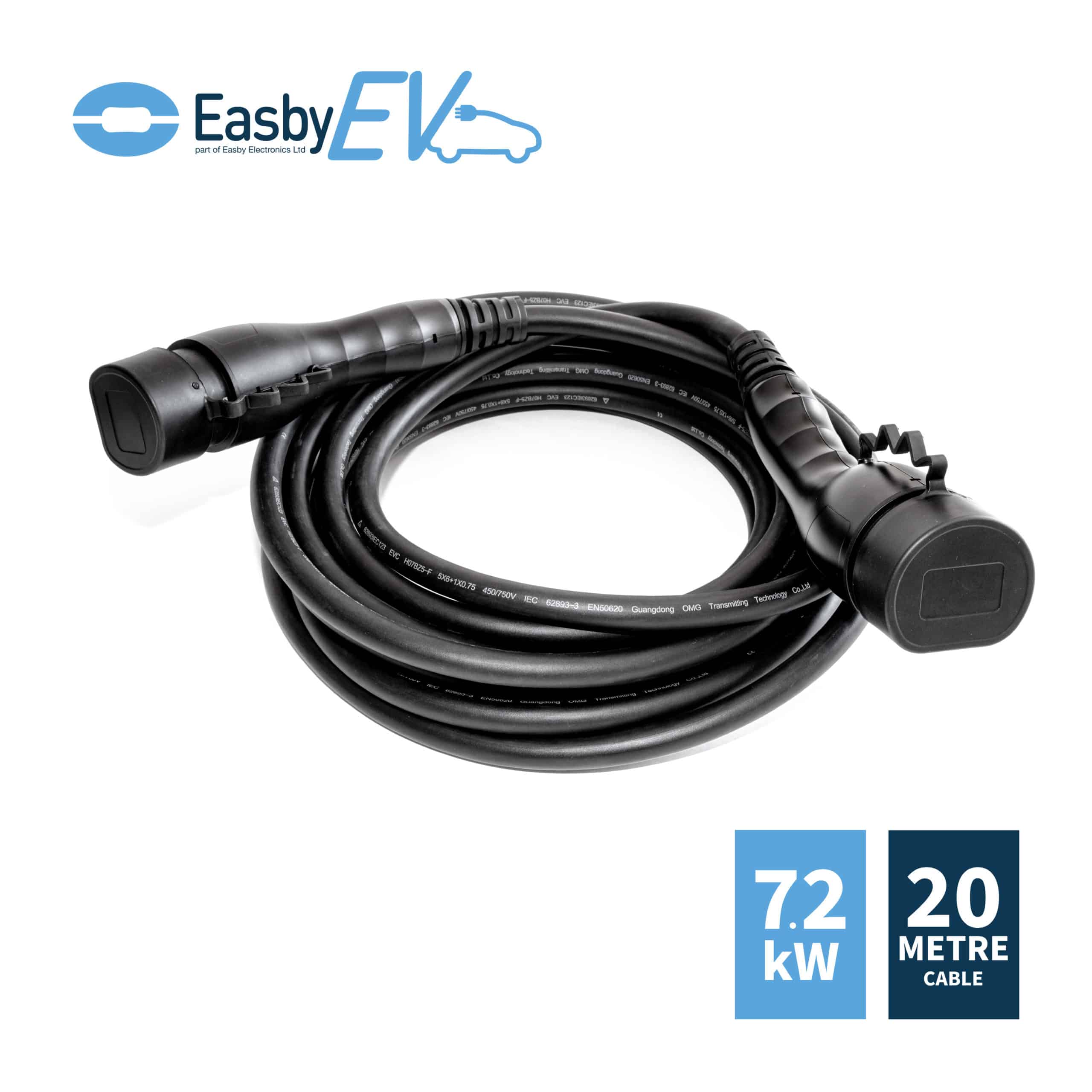 20 Metre EV Charging Cable | Type 2 - Type 2 | Single Phase | 32 Amp | 7.2 kW